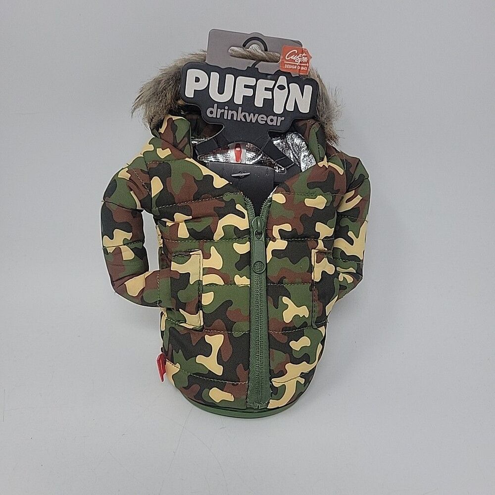 Puffin Drinkwear US Army Camo Puffer Jacket Insulated Beverage Holder